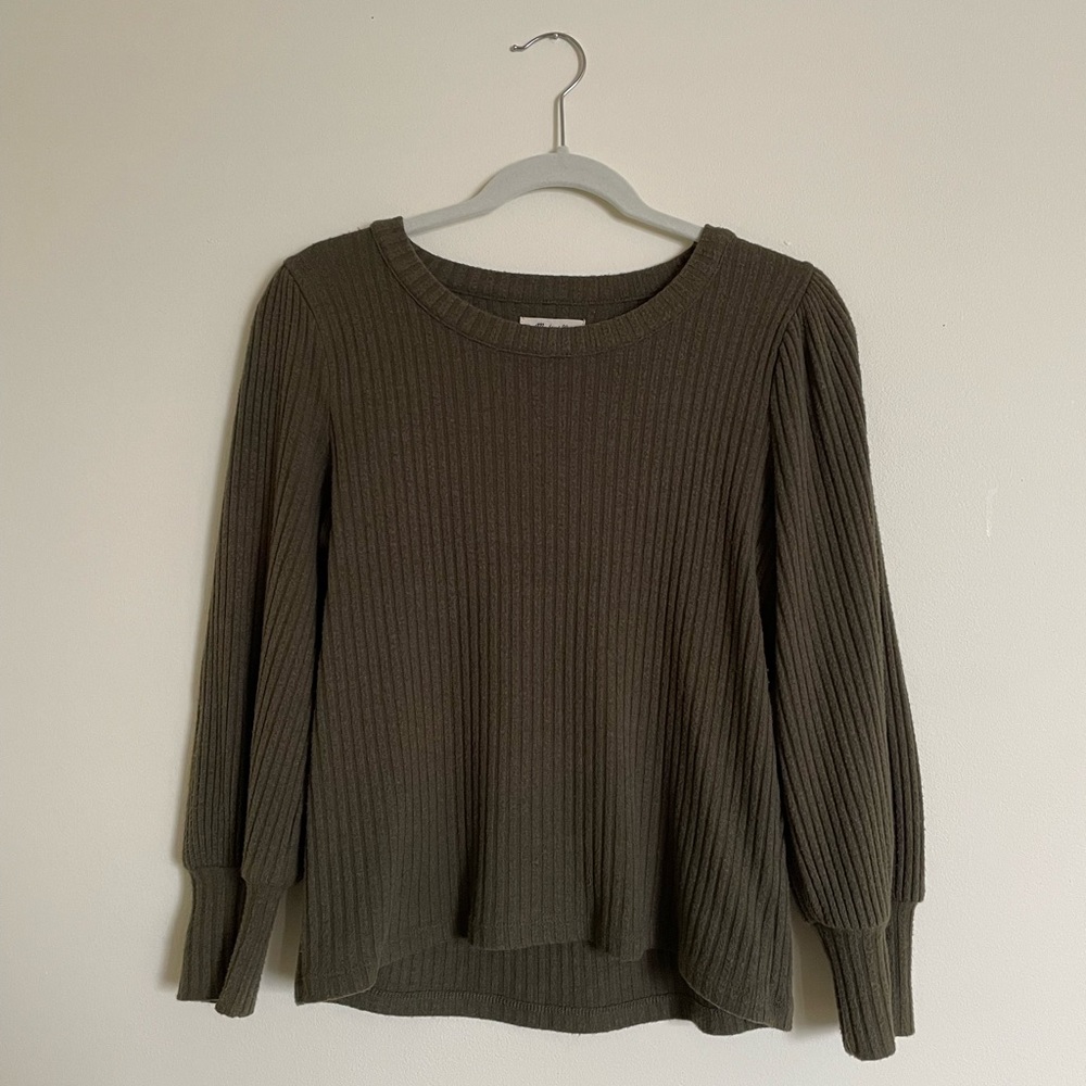 Madewell Brushed Rib Pleat-Sleeve Top in Olive Green